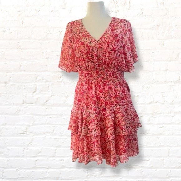 Just...Taylor Floral Print V-Neck Smocked Bodice Mini Dress Red Size 8 - Picture 1 of 15